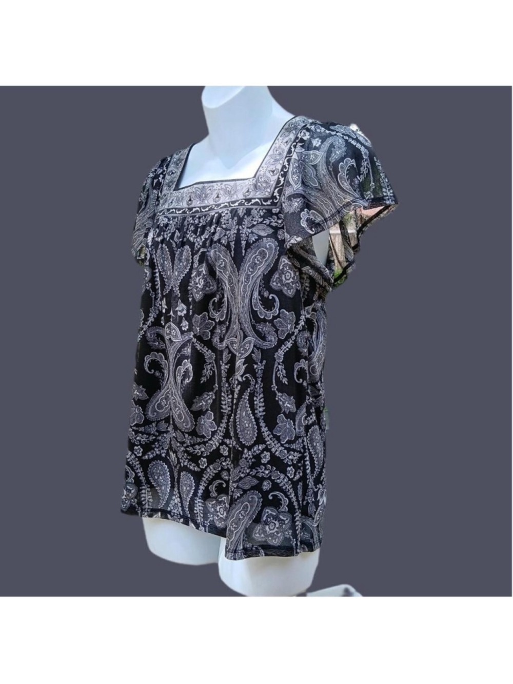 Petite Small Black White Paisley Print Square Neck Blouse Short Sleeve